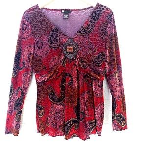 Carole Little Blouse Long Sleeve Top Medium Textured Sheer Colorful Velvety